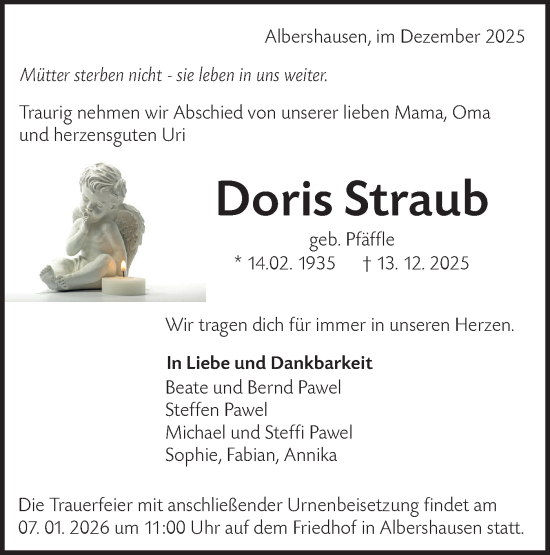 Traueranzeige von Doris Straub von NWZ Neue Württembergische Zeitung