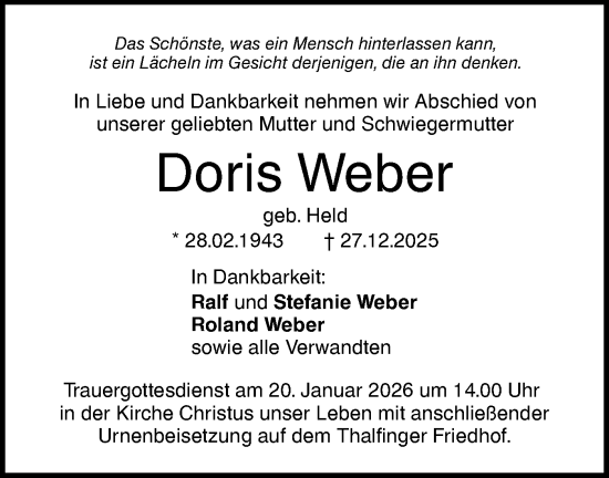 Traueranzeige von Doris Weber von SÜDWEST PRESSE Ausgabe Ulm/Neu-Ulm