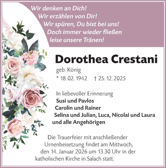 Traueranzeige von Dorothea Crestani von NWZ Neue Württembergische Zeitung