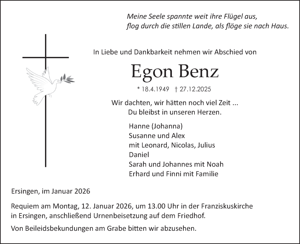  Traueranzeige für Egon Benz vom 08.01.2026 aus Ehinger Tagblatt
