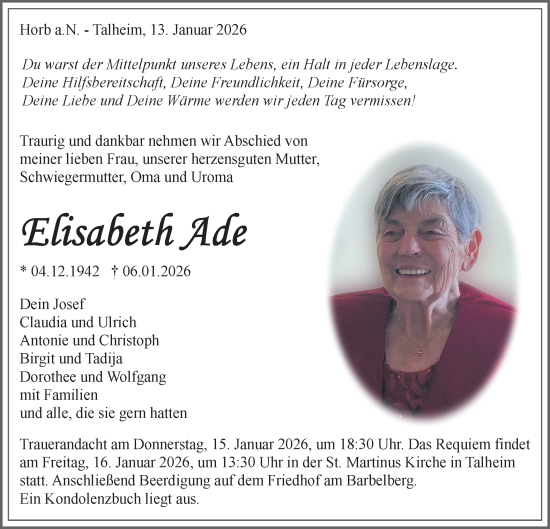 Traueranzeige von Elisabeth Ade von Neckar-Chronik