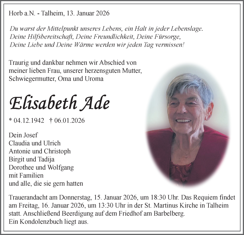 Traueranzeige für Elisabeth Ade vom 13.01.2026 aus Neckar-Chronik