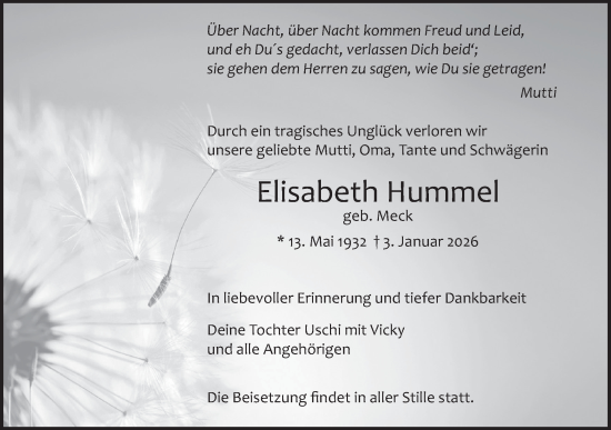 Traueranzeige von Elisabeth Hummel von SÜDWEST PRESSE Ausgabe Ulm/Neu-Ulm