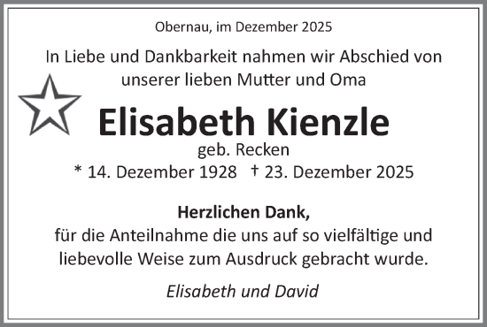 Traueranzeige von Elisabeth Kienzle von Schwäbische Tagblatt