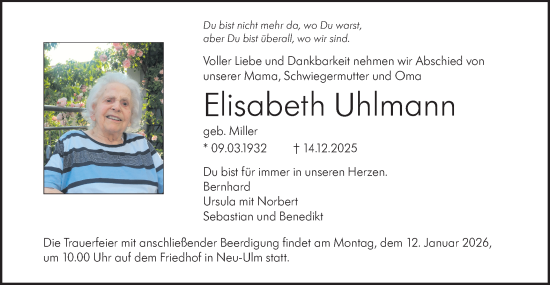 Traueranzeige von Elisabeth Uhlmann von SÜDWEST PRESSE Ausgabe Ulm/Neu-Ulm