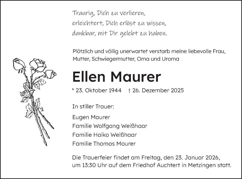  Traueranzeige für Ellen Maurer vom 17.01.2026 aus Alb-Bote/Metzinger-Uracher Volksblatt