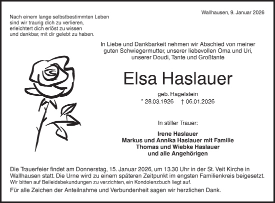 Traueranzeige von Elsa Haslauer von Hohenloher Tagblatt