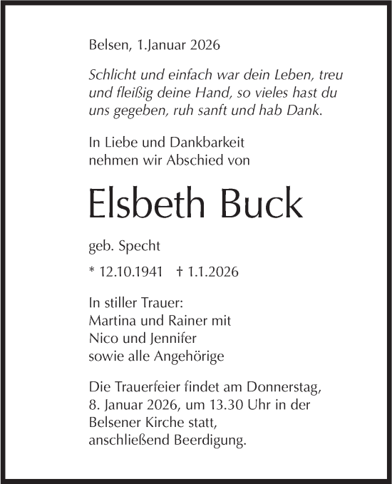 Traueranzeige von Elsbeth Buck von Schwäbische Tagblatt