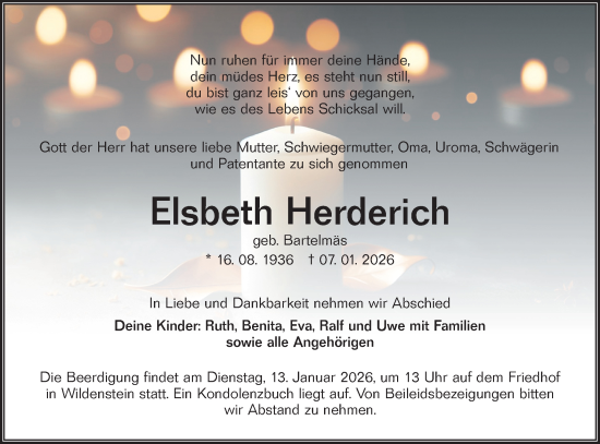Traueranzeige von Elsbeth Herderich von Hohenloher Tagblatt