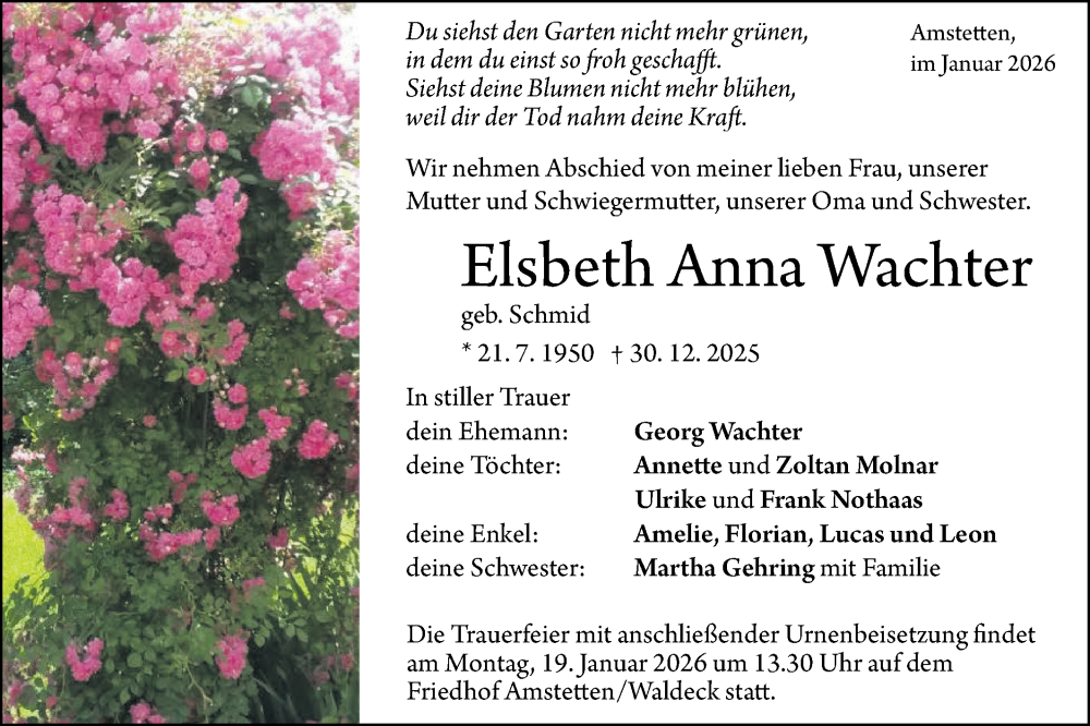  Traueranzeige für Elsbeth Anna Wachter vom 14.01.2026 aus SÜDWEST PRESSE Ausgabe Ulm/Neu-Ulm