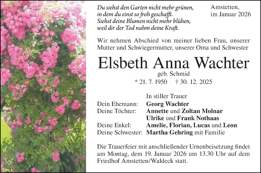  Traueranzeige für Elsbeth Anna Wachter vom 14.01.2026 aus Geislinger Zeitung