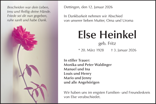 Traueranzeige von Else Heinkel von Alb-Bote/Metzinger-Uracher Volksblatt
