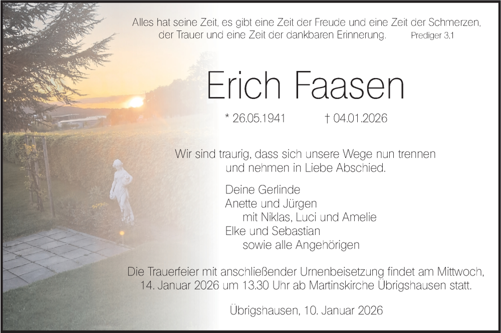  Traueranzeige für Erich Faasen vom 10.01.2026 aus Haller Tagblatt