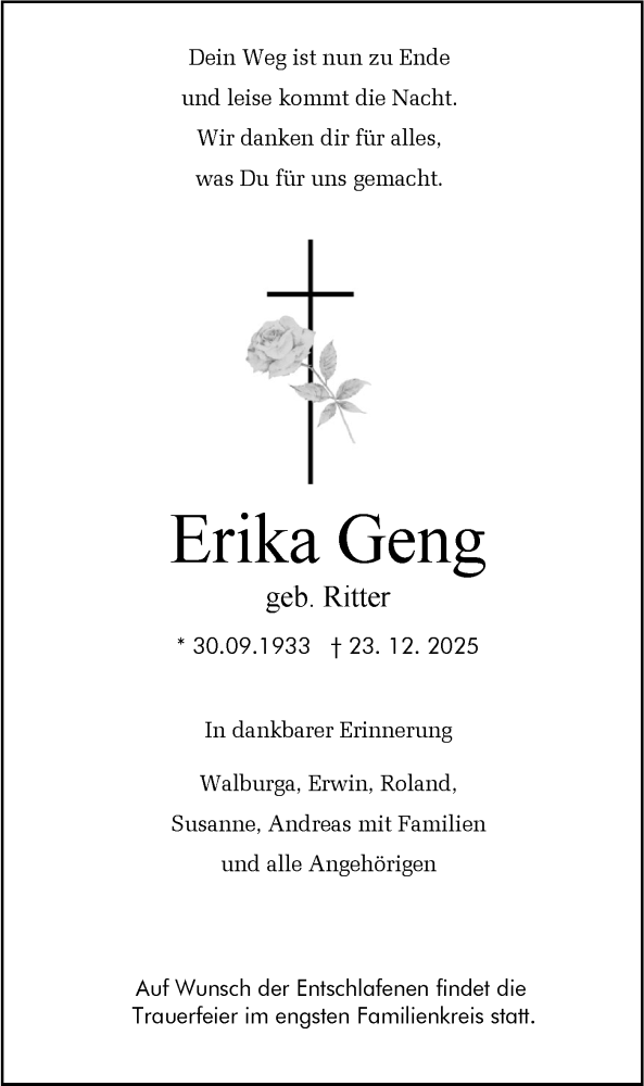  Traueranzeige für Erika Geng vom 03.01.2026 aus SÜDWEST PRESSE Zollernalbkreis/Hohenzollerische Zeitung