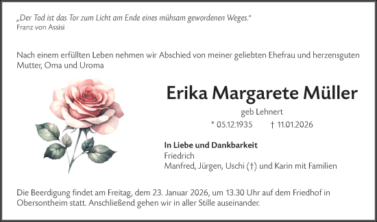 Traueranzeige von Erika Margarete Müller von Haller Tagblatt