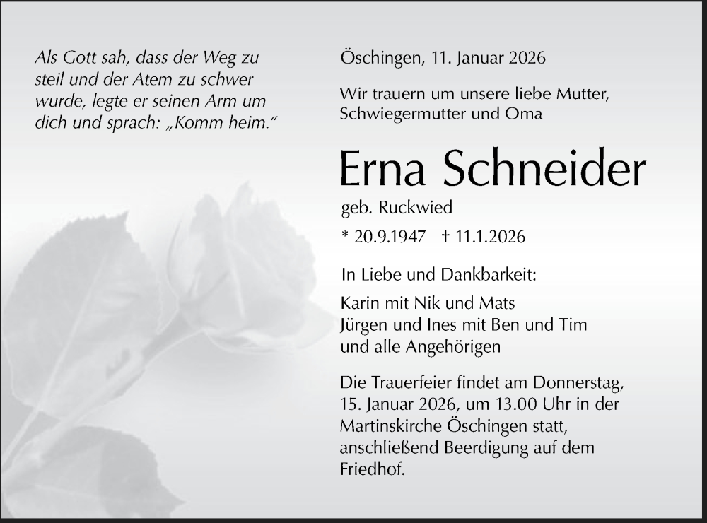  Traueranzeige für Erna Schneider vom 14.01.2026 aus Schwäbische Tagblatt