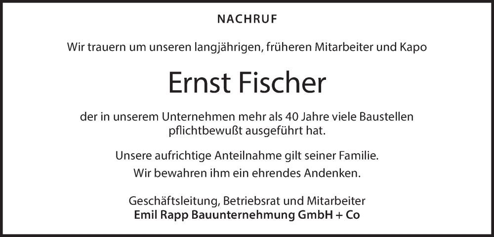  Traueranzeige für Ernst Fischer vom 13.01.2026 aus Geislinger Zeitung