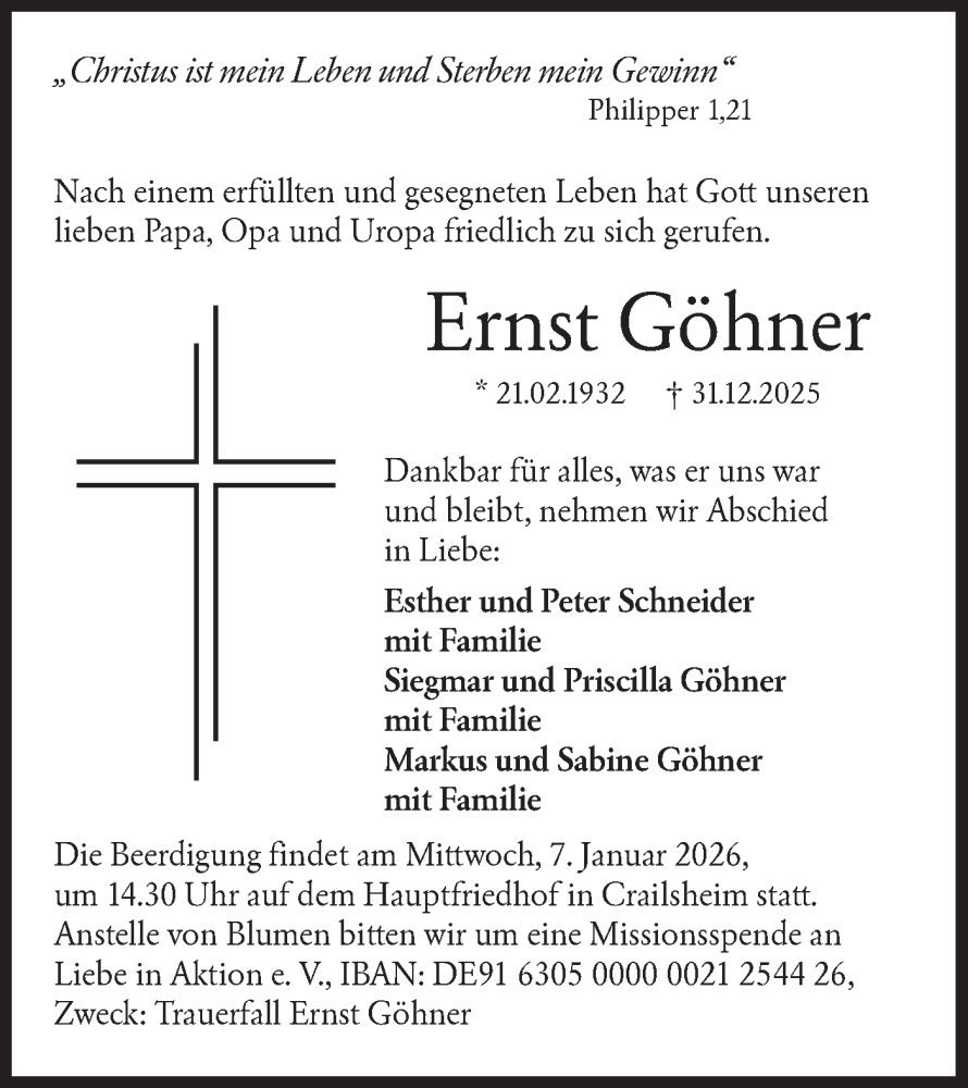  Traueranzeige für Ernst Göhner vom 03.01.2026 aus Hohenloher Tagblatt