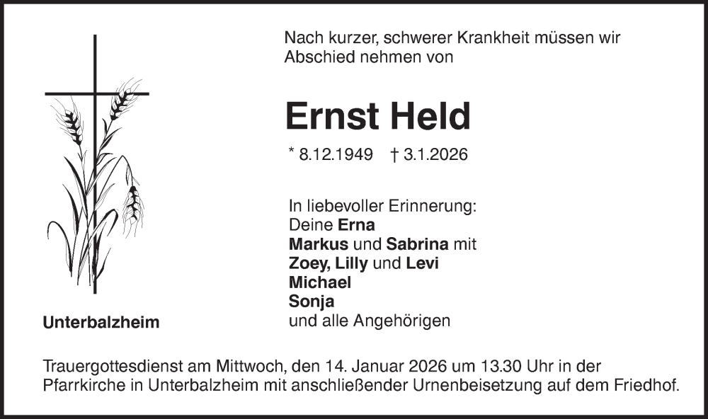  Traueranzeige für Ernst Held vom 09.01.2026 aus SÜDWEST PRESSE Ausgabe Ulm/Neu-Ulm
