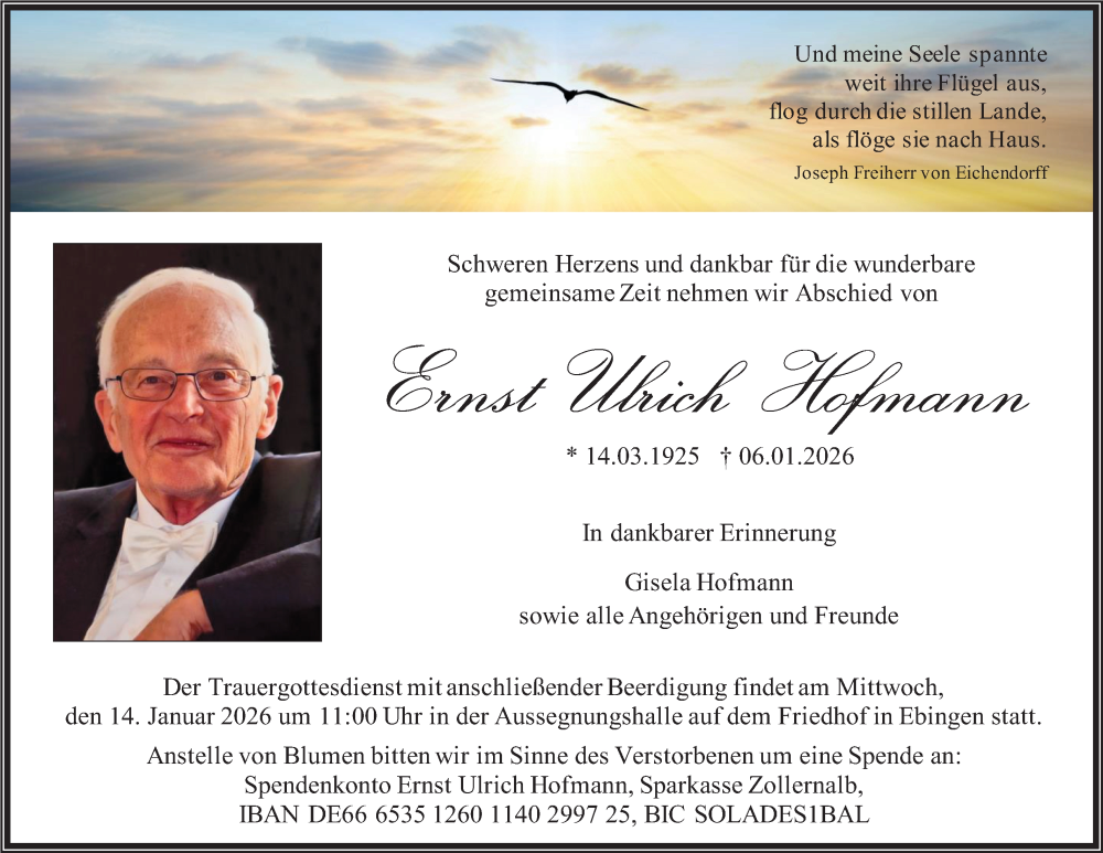  Traueranzeige für Ernst Ulrich Hofmann vom 10.01.2026 aus SÜDWEST PRESSE Zollernalbkreis/Hohenzollerische Zeitung