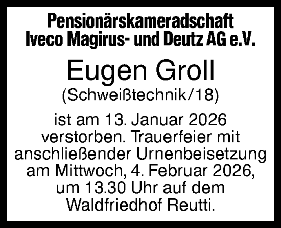 Traueranzeige von Eugen Groll von SÜDWEST PRESSE Ausgabe Ulm/Neu-Ulm