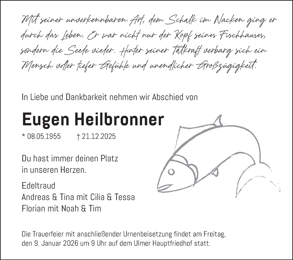  Traueranzeige für Eugen Heilbronner vom 03.01.2026 aus SÜDWEST PRESSE Ausgabe Ulm/Neu-Ulm
