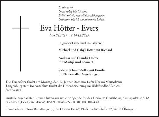 Traueranzeige von Eva Hötter-Evers von Hohenloher Tagblatt