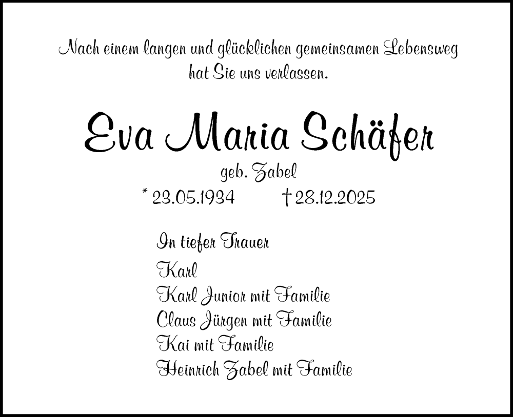  Traueranzeige für Eva Maria Schäfer vom 05.01.2026 aus SÜDWEST PRESSE Ausgabe Ulm/Neu-Ulm