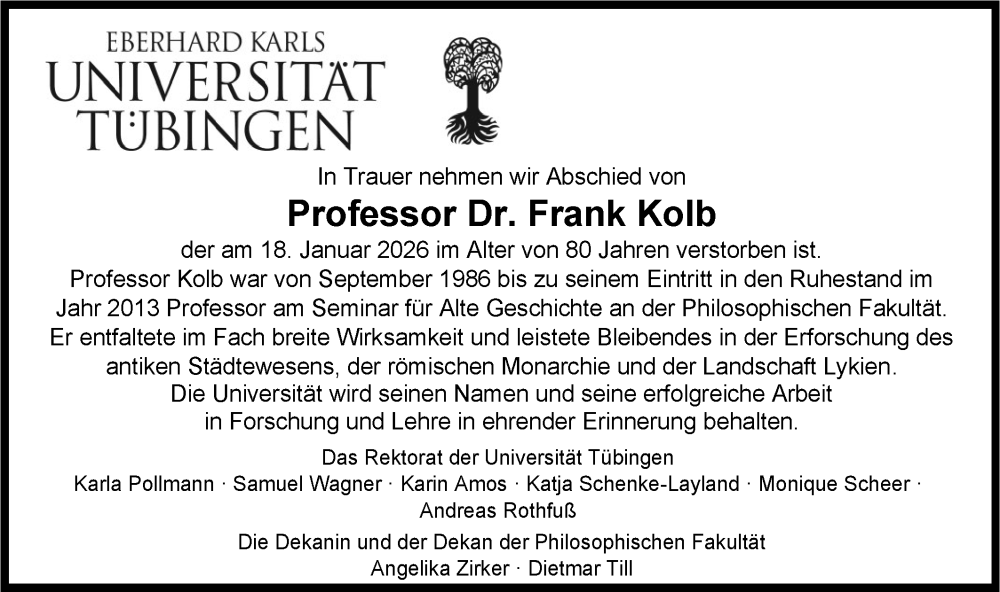  Traueranzeige für Frank Kolb vom 24.01.2026 aus Schwäbische Tagblatt