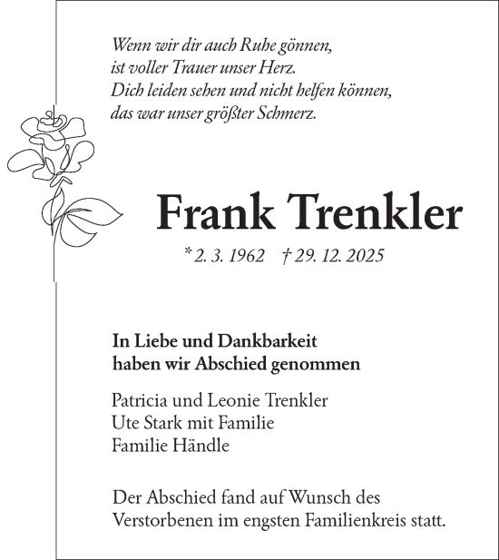 Traueranzeige von Frank Trenkler von NWZ Neue Württembergische Zeitung