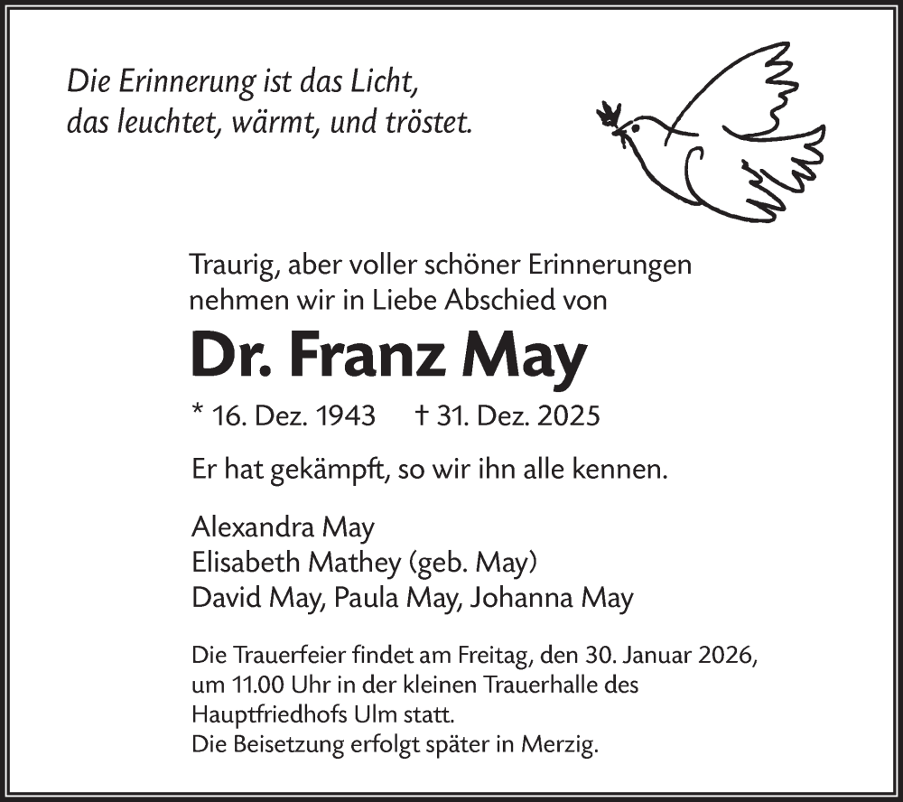 Traueranzeige für Franz May vom 17.01.2026 aus SÜDWEST PRESSE Ausgabe Ulm/Neu-Ulm