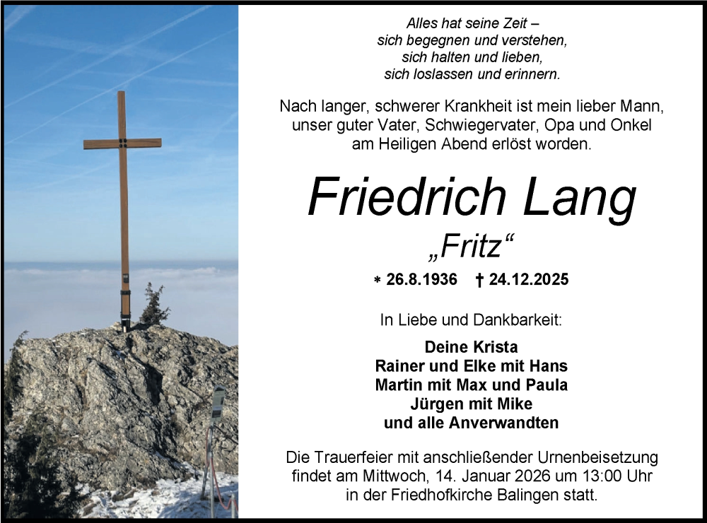  Traueranzeige für Friedrich Lang vom 07.01.2026 aus SÜDWEST PRESSE Zollernalbkreis/Hohenzollerische Zeitung