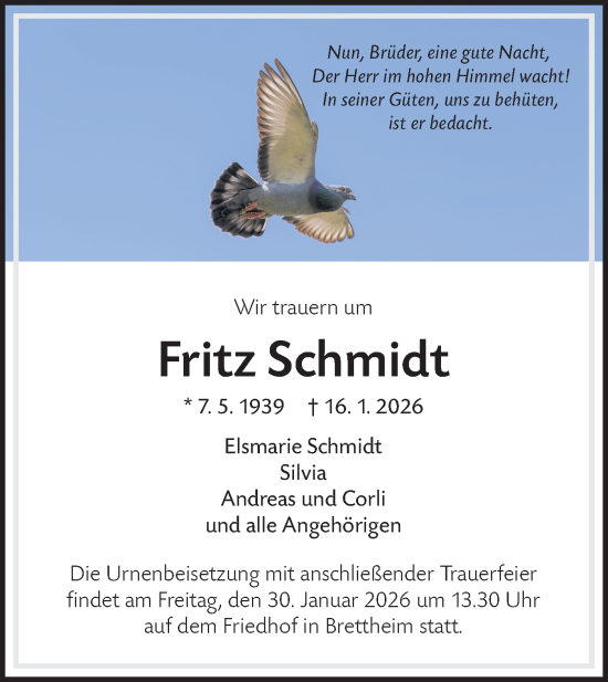 Traueranzeige von Fritz Schmidt von Hohenloher Tagblatt
