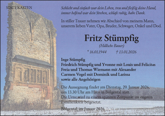 Traueranzeige von Fritz Stümpfig von Hohenloher Tagblatt