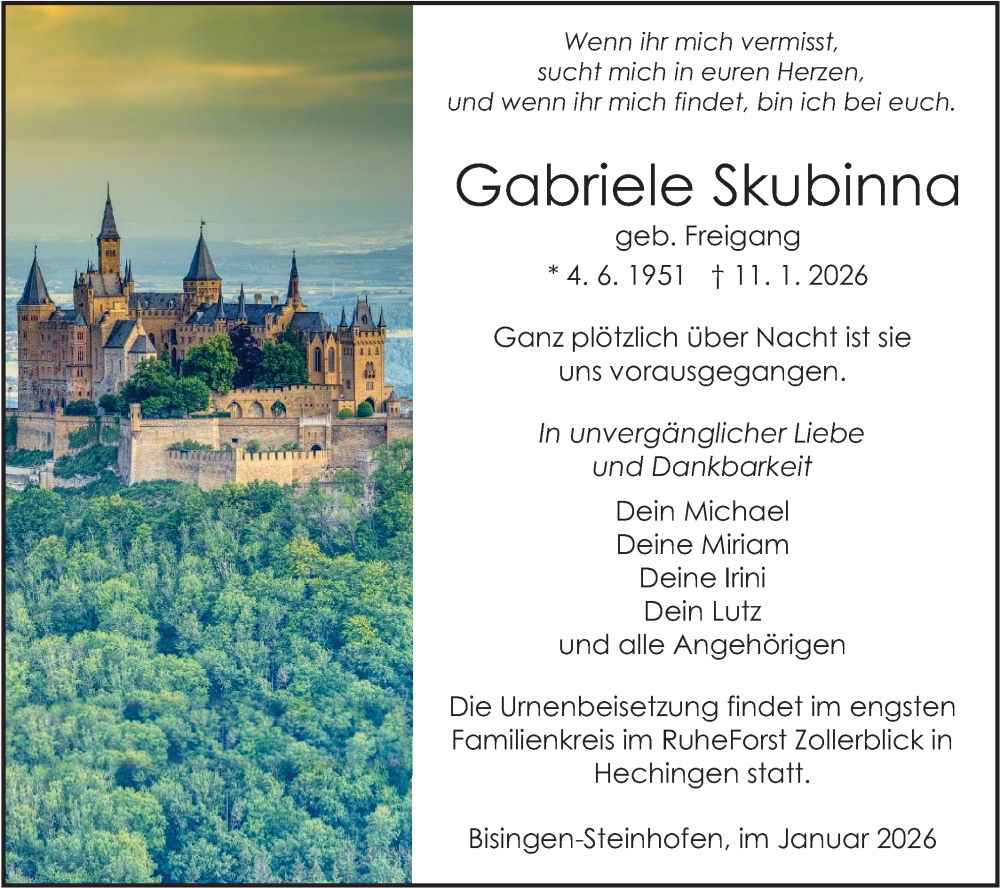  Traueranzeige für Gabriele Skubinna vom 17.01.2026 aus SÜDWEST PRESSE Zollernalbkreis/Hohenzollerische Zeitung
