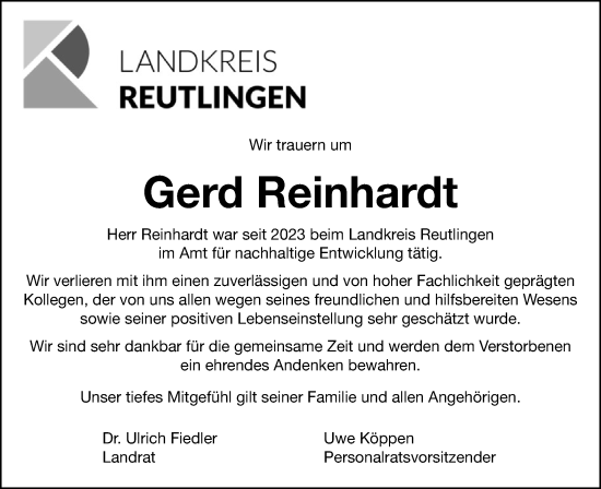 Traueranzeige von Gerd Reinhardt von Alb-Bote/Metzinger-Uracher Volksblatt