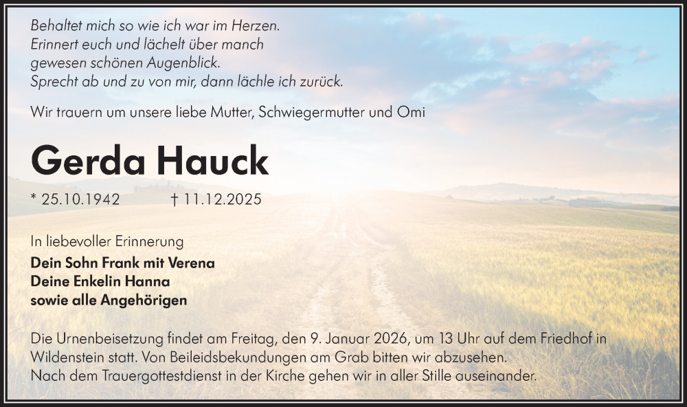  Traueranzeige für Gerda Hauck vom 07.01.2026 aus Hohenloher Tagblatt