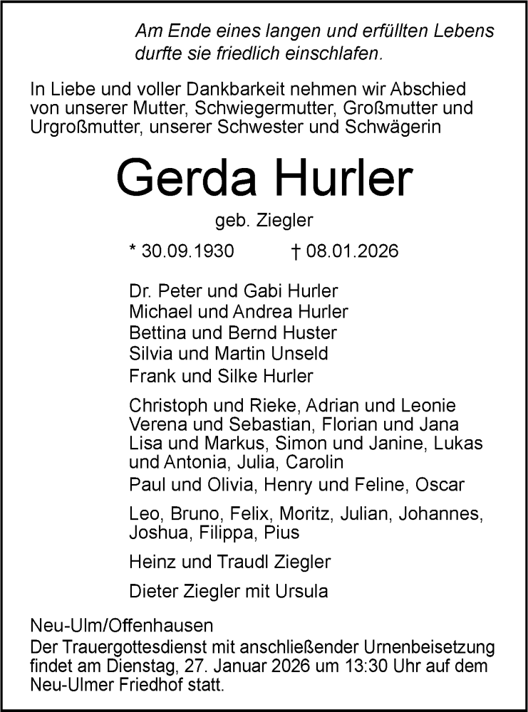  Traueranzeige für Gerda Hurler vom 17.01.2026 aus SÜDWEST PRESSE Ausgabe Ulm/Neu-Ulm/Neu-Ulmer Zeitung