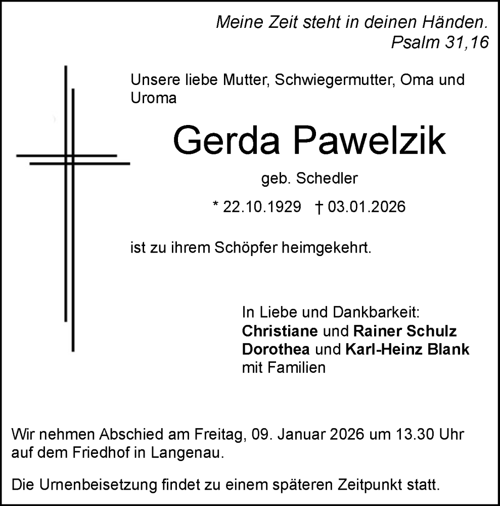  Traueranzeige für Gerda Pawelzik vom 07.01.2026 aus SÜDWEST PRESSE Ausgabe Ulm/Neu-Ulm
