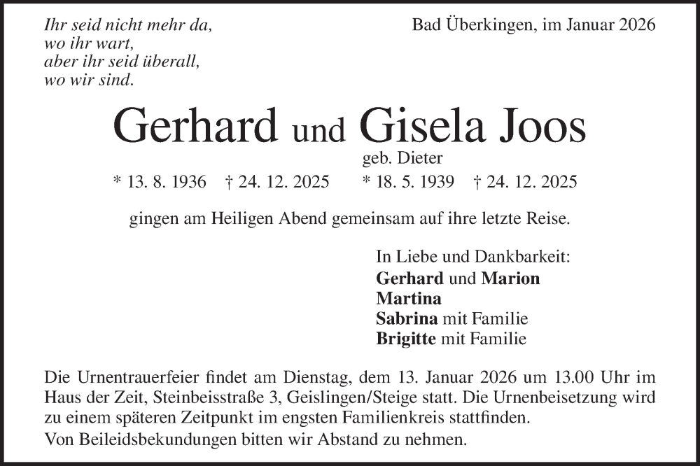  Traueranzeige für Gerhard Joos vom 07.01.2026 aus Geislinger Zeitung