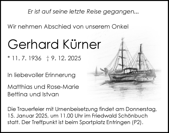 Traueranzeige von Gerhard Kürner von Schwäbische Tagblatt