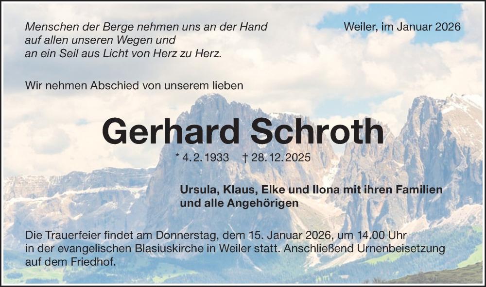  Traueranzeige für Gerhard Schroth vom 10.01.2026 aus NWZ Neue Württembergische Zeitung