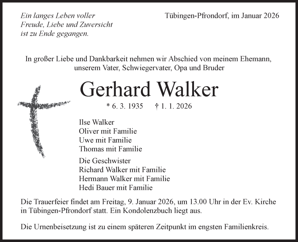  Traueranzeige für Gerhard Walker vom 03.01.2026 aus Schwäbische Tagblatt