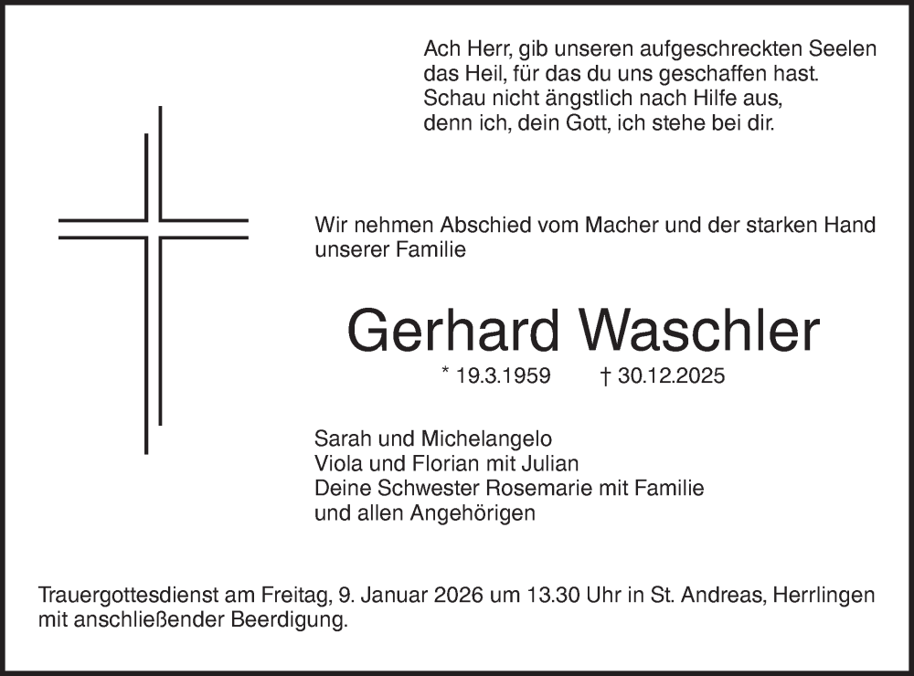  Traueranzeige für Gerhard Waschler vom 03.01.2026 aus SÜDWEST PRESSE Ausgabe Ulm/Neu-Ulm