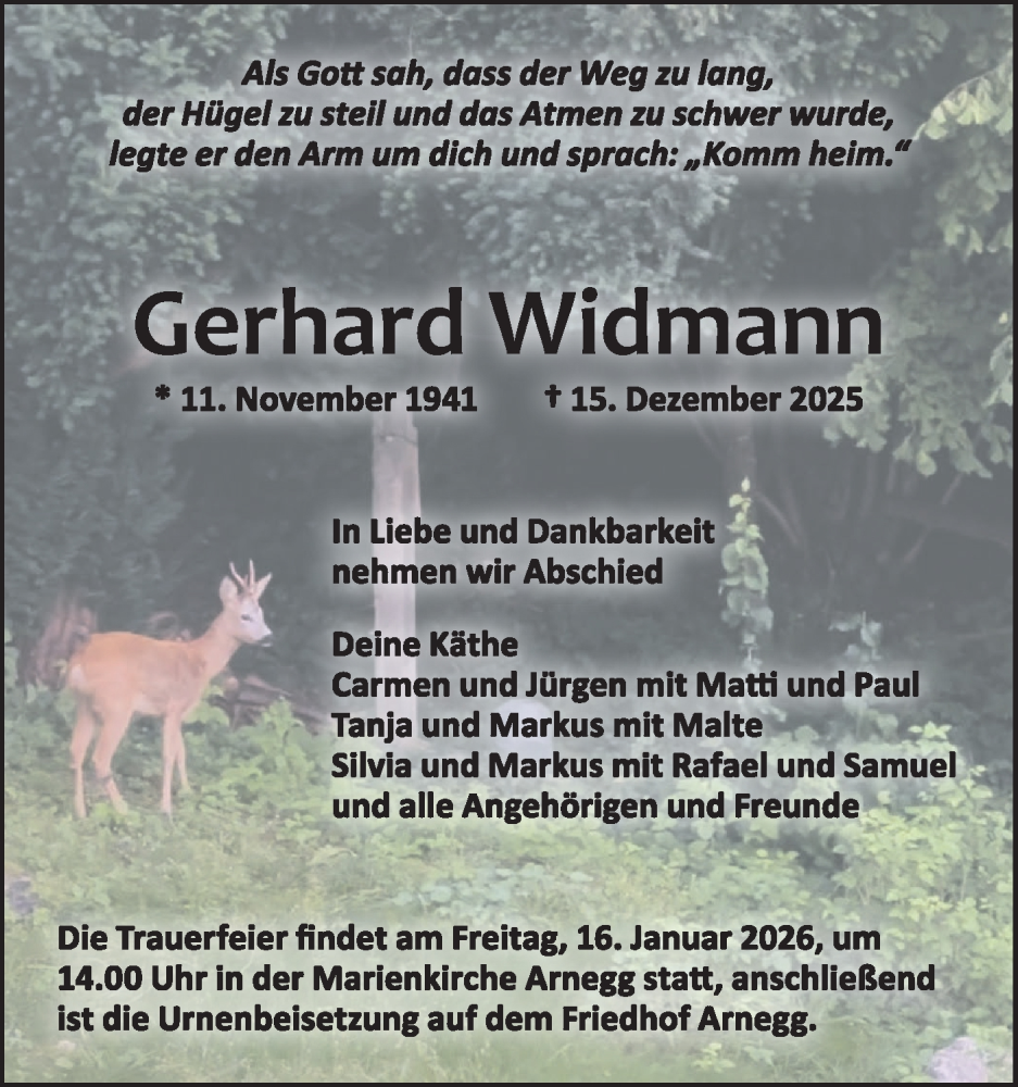  Traueranzeige für Gerhard Widmann vom 10.01.2026 aus SÜDWEST PRESSE Ausgabe Ulm/Neu-Ulm