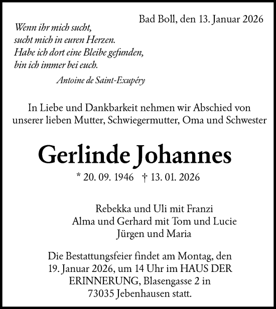 Traueranzeige von Gerlinde Johannes von NWZ Neue Württembergische Zeitung