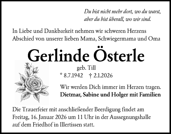 Traueranzeige von Gerlinde Österle von SÜDWEST PRESSE Ausgabe Ulm/Neu-Ulm