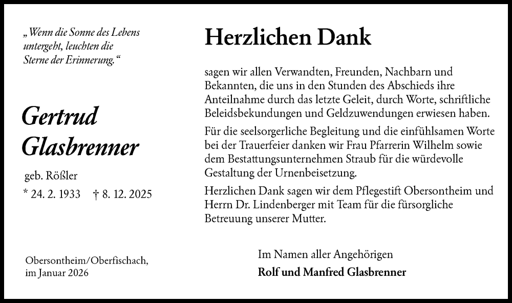  Traueranzeige für Gertrud Glasbrenner vom 10.01.2026 aus Haller Tagblatt