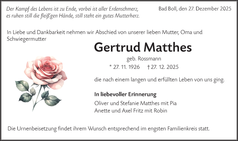  Traueranzeige für Gertrud Matthes vom 03.01.2026 aus NWZ Neue Württembergische Zeitung