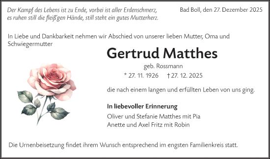 Traueranzeige von Gertrud Matthes von NWZ Neue Württembergische Zeitung